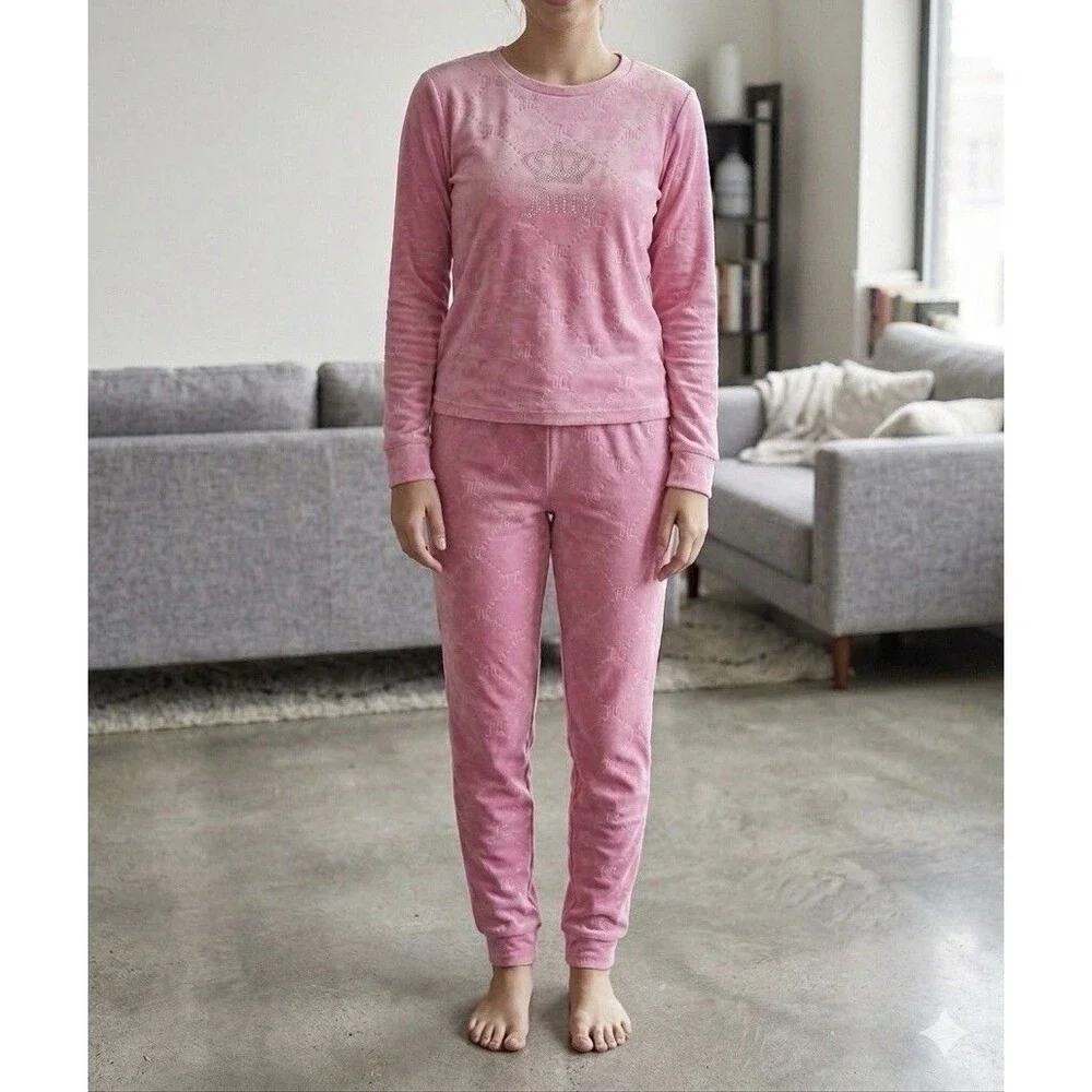 Juicy Couture Girls Pink Velour Monogram Pajama Set Size 12
